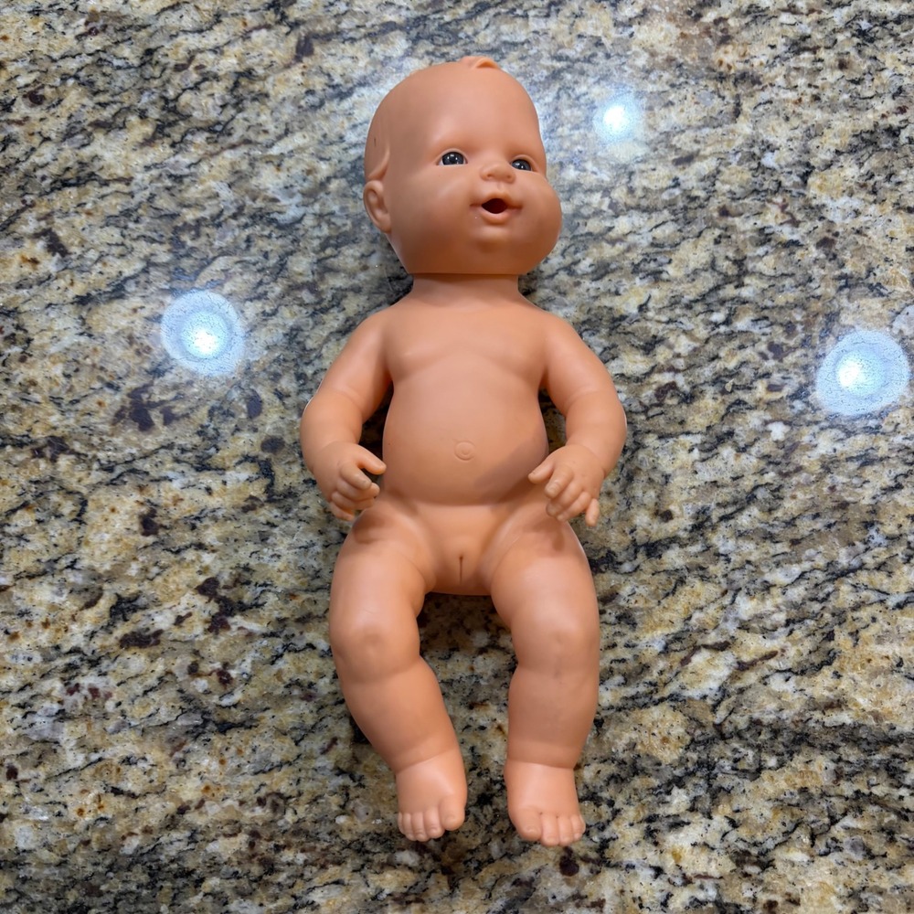 Vintage Falca Anatomically Correct Baby Girl Doll Vinyl Blue Eyes Squeak Working